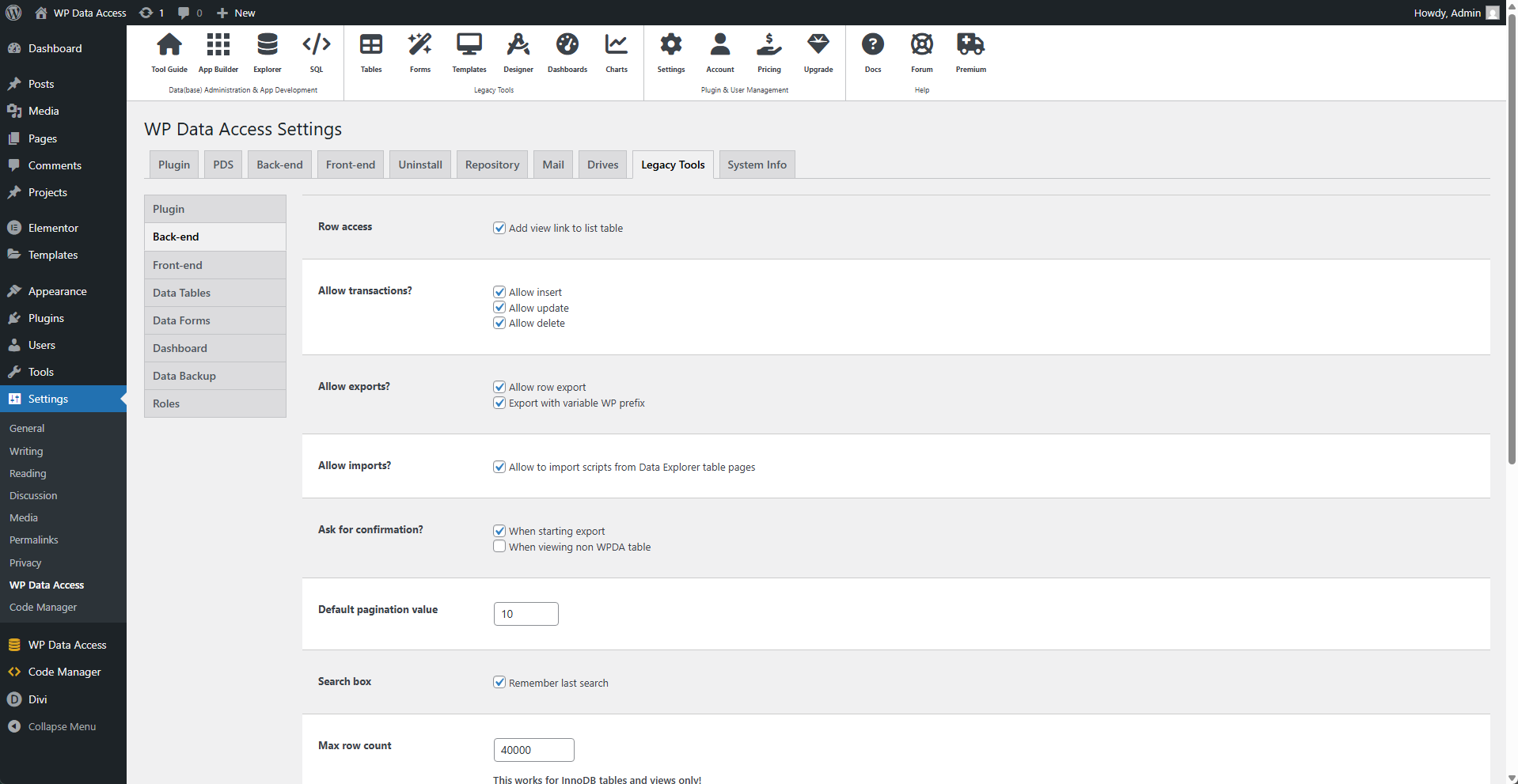 Plugin Settings - Legacy Tools - Back-end
