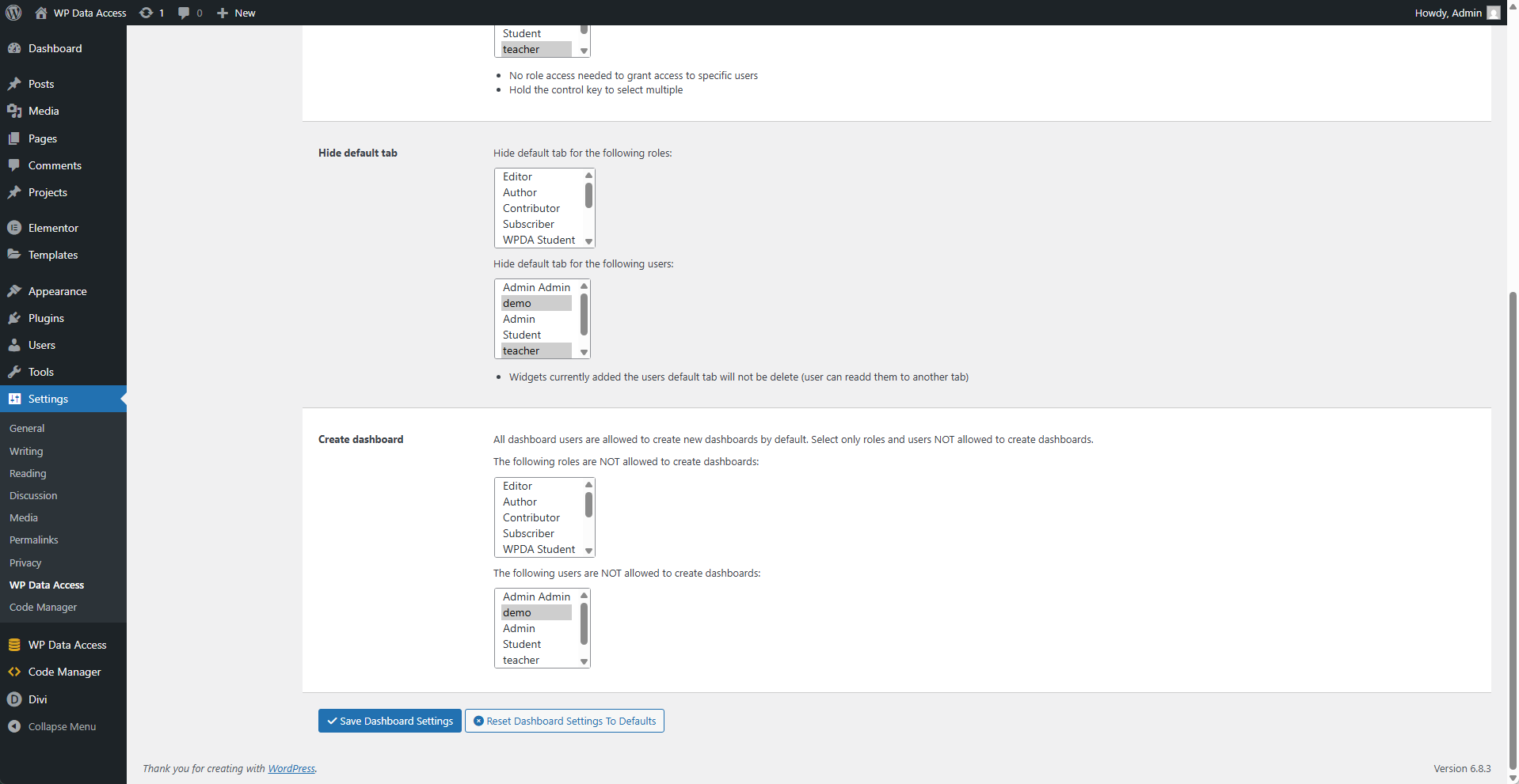 Plugin Settings - Legacy Tools - Dashboard