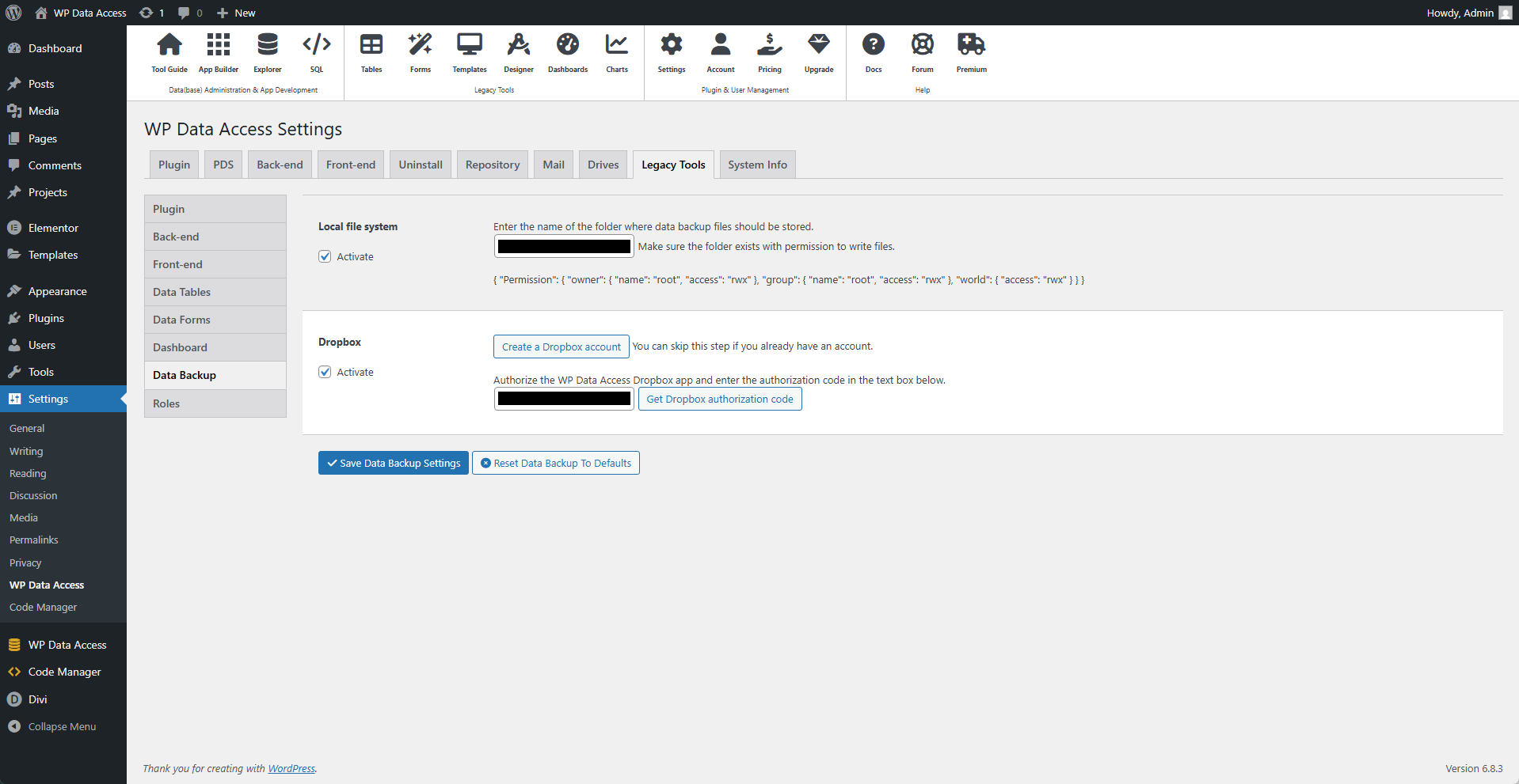 Plugin Settings - Legacy Tools - Data Backup