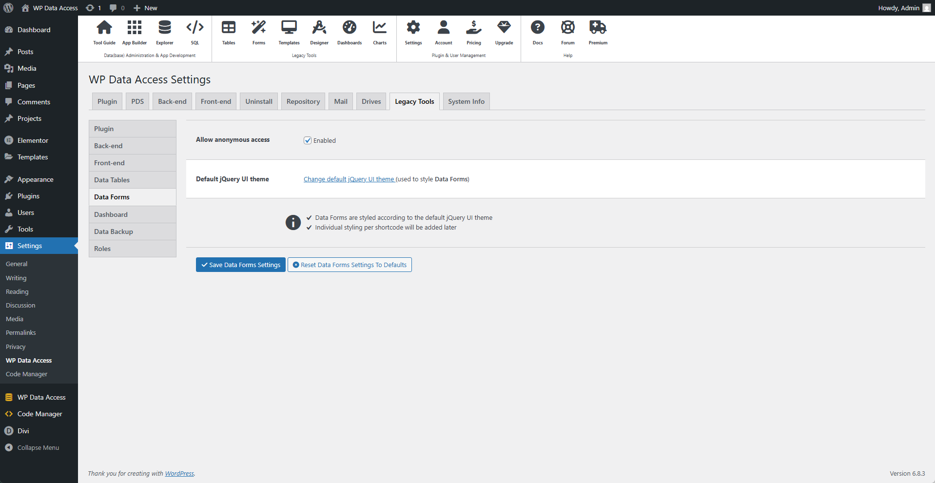 Plugin Settings - Legacy Tools - Data Forms
